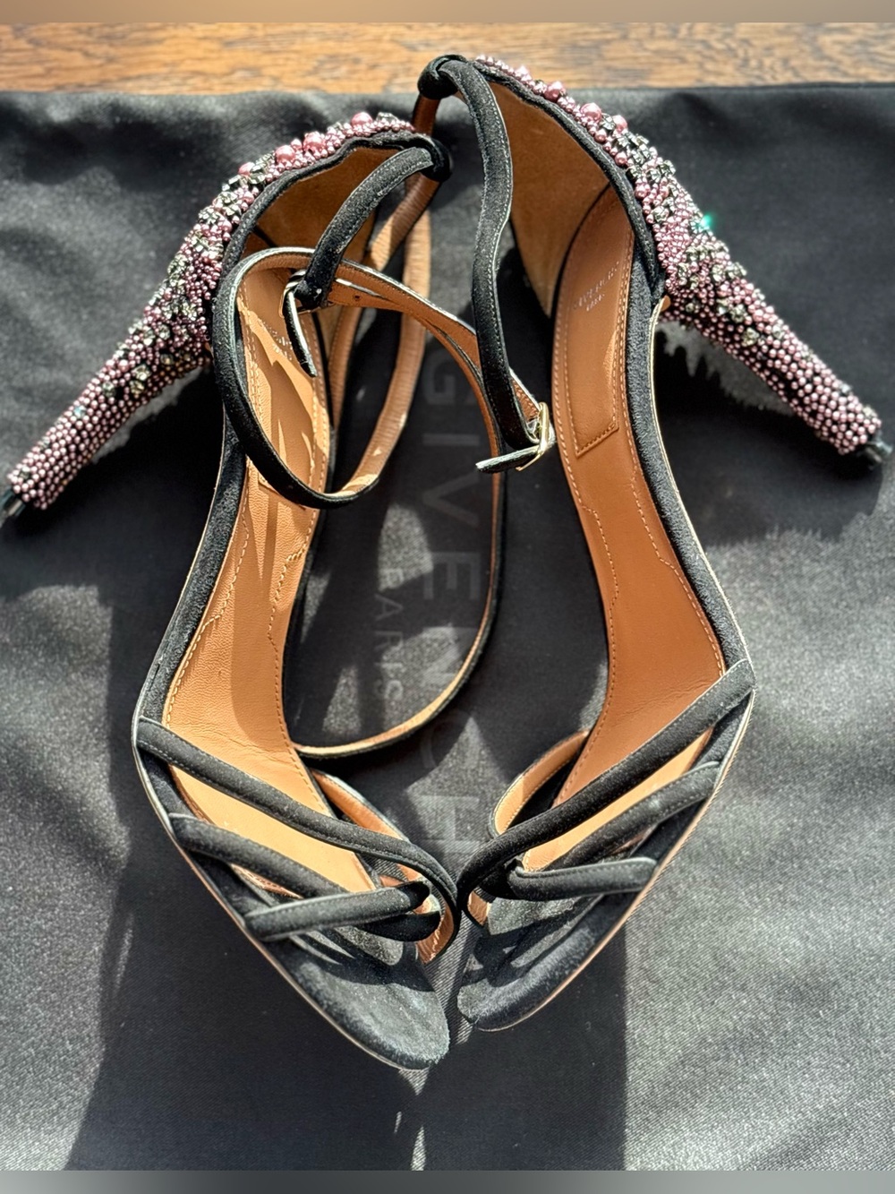 Givenchy Classic San Strap 10 Beaded Sandals Black, size 38.5 / 8.5